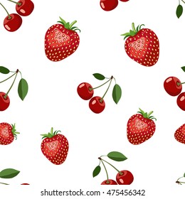 Patrón inquebrantable con deliciosas fresas y cerezas de diferentes tamaños. Fondo blanco
