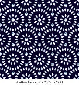 Patrón sin fisuras de diamantes realistas sobre fondo azul. Círculos de diseño de joyas con diamantes brillantes. Anuncio, cartel, Tarjeta de regalo, Plantilla de invitación. Vector.