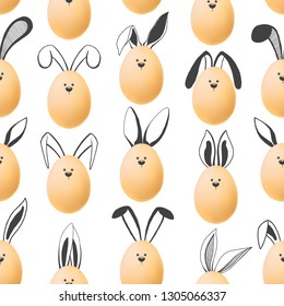Seamless pattern with realistic eggs and hand drawn elements. Vector