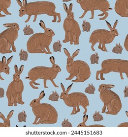 Seamless pattern with realistic European hare or brown hare. Adult Lepus europaeus hares and their young. Vector animal