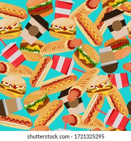 Seamless pattern with realistic fast food images: hamburger, cheeseburger, hot dog, sausage roll, coffee and soda cups. Turquoise background. The concept of fast food. Vector drawing.