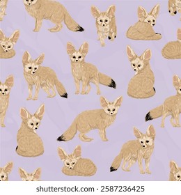 Seamless pattern with realistic fennec foxes. Vector animal