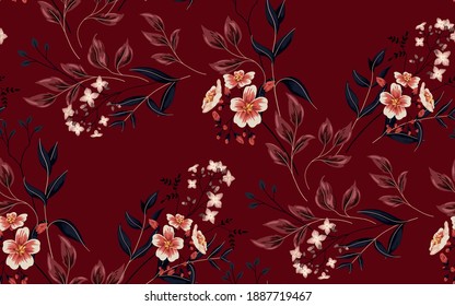 Seamless pattern with realistic flowers, vector. A floral arrangement of delicate pink flowers on a branch surrounded by dark foliage.