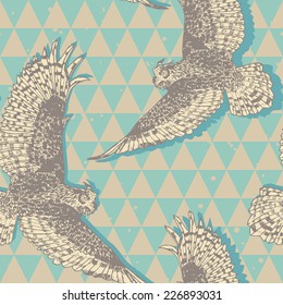 Seamless pattern with realistic flying  owls  in vector