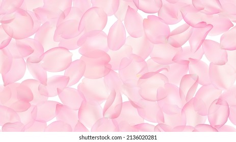 Seamless pattern with realistic flying pink sakura petals on a white background. Repeating texture with voluminous blurred falling cherry blossom petal. Vector illustration with blur effect