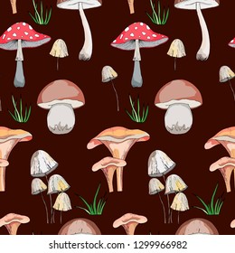 seamless pattern with realistic forest mushrooms