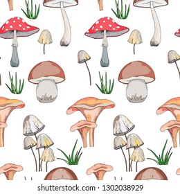 seamless pattern with realistic forest mushrooms