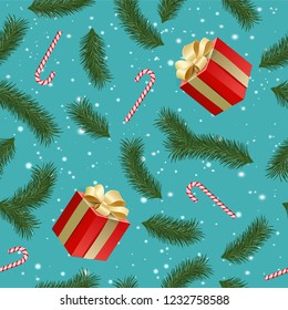 Seamless pattern with realistic gift boxes, fir branches, caramel canes. Repeating winter background with fir branches, snow. Vector illustration