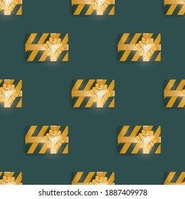 Patrón sin foco con regalos realistas. Fondo infinito. Color verde y amarillo. Adecuado para postales, impresiones, papel marrón y fondos. Ilustración vectorial.