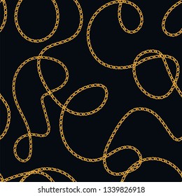 Seamless pattern with realistic golden chain for fabric design. Perfect for wallpapers, surface textures, textile. Isolated on black background. 1t