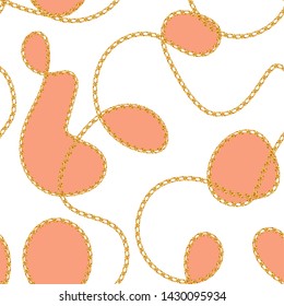 Seamless pattern with realistic golden chain for fabric design. Perfect for wallpapers, surface textures, textile. Isolated on black background. 1t