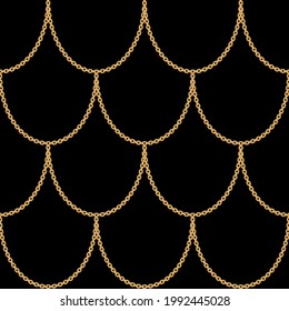 Seamless pattern with realistic golden chain scales. Perfect for wallpapers, surface textures, textile. Isolated on black background.