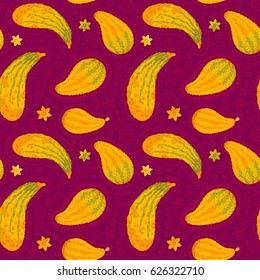 Seamless pattern with realistic gourd (decorative pumpkin). Mehndi style used.
Flat colors only.