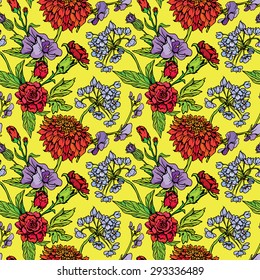 Seamless pattern with Realistic graphic flowers - clove and sweet pea - hand drawn background.
