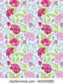 Seamless pattern with Realistic graphic flowers - peony and sweet pea - hand drawn background.