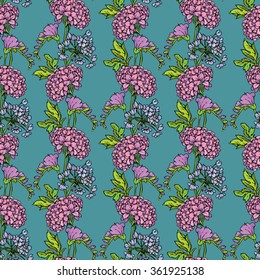 Seamless pattern with Realistic graphic flowers - gardenia and sweet pea - hand drawn background.