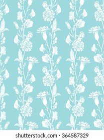 Seamless pattern with Realistic graphic flowers - sweet pea and clove - hand drawn background in white and blue colors.