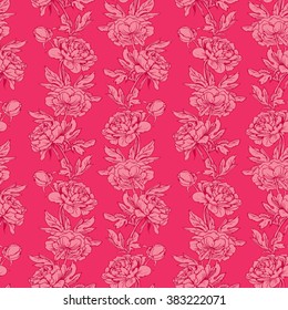 Seamless pattern with Realistic graphic flowers - peony - hand drawn background in pink colors. 