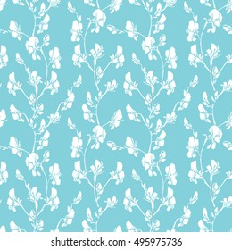 Seamless pattern with Realistic graphic flowers - sweet pea - hand drawn background in white and blue colors.