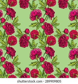 Seamless pattern with Realistic graphic Peony flowers - hand drawn background.