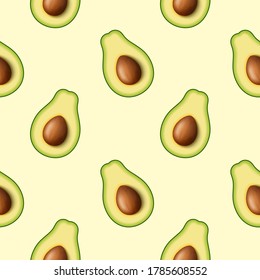 Seamless pattern of realistic green avocado for healthy eating. 3d render. Sliced avocado in half with pip. Vector illustration isolated on beige background.