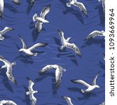 seamless pattern - realistic gulls, cormorants and seagulls hovering over the sea. Vector wallpaper with sea theme.