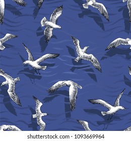 seamless pattern - realistic gulls, cormorants and seagulls hovering over the sea. Vector wallpaper with sea theme.