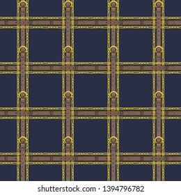 Seamless pattern with realistic hand drawn golden chains and brown leather belt  