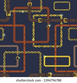 Seamless pattern with realistic hand drawn golden chains and brown leather belt  