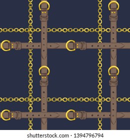 Seamless pattern with realistic hand drawn golden chains and brown leather belt  