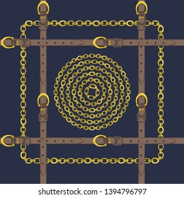Seamless pattern with realistic hand drawn golden chains and brown leather belt  