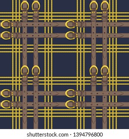 Seamless pattern with realistic hand drawn golden chains and brown leather belt  