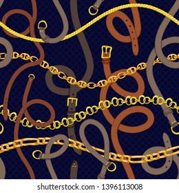 Seamless pattern with realistic hand drawn golden chains and brown leather belt Doodle sketch on dark blue background Square luxury ornament for fabric fashion design, web banner, branding advertising