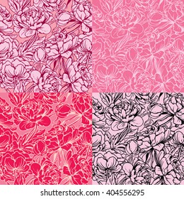 Seamless pattern with Realistic handdrawn flowers - peony - background in pink, red, white and black colors.