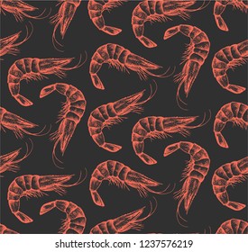 Seamless pattern with realistic hand-drawn shrimp on dark grey background. Idea of menu element or wrapping paper for sushi food. Seafood. Vector.