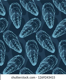 Seamless pattern with realistic hand-drawn silhouettes of oysters. Azure oysters silhouettes. Blue background. Vector. 