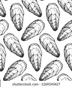 Seamless pattern with realistic hand-drawn silhouettes of oysters. Black oysters silhouettes. White background. Vector. 