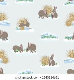 Seamless pattern. Realistic hares on the snow. Spring in Europe and America. Wild animals. Realistic Vector for packaging, background, banner, cards