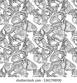 Seamless pattern of Realistic human heart. Vintage style hand drawing. Cartoonish silk dress fashion tattoo design engraving. Vector. 