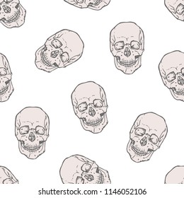 Seamless pattern with realistic human skulls on white background. Backdrop with dead heads or headbones. Monochrome vector illustration for wrapping paper, Halloween wallpaper, fabric print