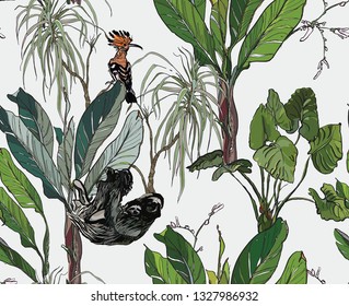 Seamless Pattern Realistic Illustration Jungle Forest Exotic Plants Isolated Elements with Sloth and Hoopoe 