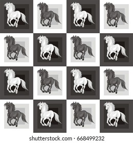 Seamless pattern with a realistic image of beautiful horses. Vector background.
