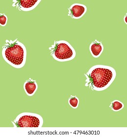 Seamless pattern of realistic image of delicious ripe strawberries different sizes. Lime background