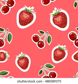 Seamless pattern of realistic image of delicious strawberries and cherry different sizes. Red background