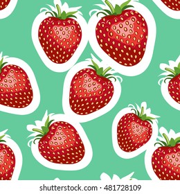 Seamless pattern of realistic image of delicious big strawberries different sizes. Turquoise background