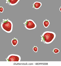 Seamless pattern of realistic image of delicious ripe strawberries different sizes. Gray background