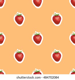 Seamless pattern of realistic image of delicious ripe strawberries same sizes. Orange background