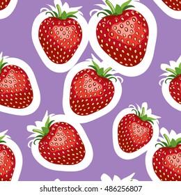 Seamless pattern of realistic image of delicious big strawberries different sizes. Purple background