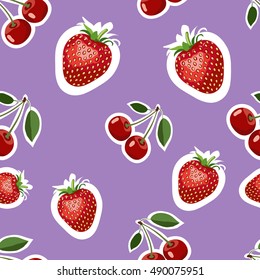 Seamless pattern of realistic image of delicious strawberries and cherry different sizes. Purple background