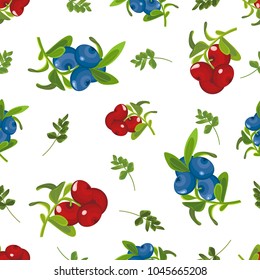 Seamless pattern of realistic image of ripe berries.Template for prints.Printing with greenery.Branch, berries,red,ripe blueberry,cowberry.Scattered green leaves of greenery.White background